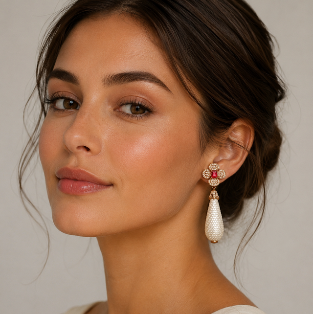 Rose Gold and White Earrings with a Red Zircon