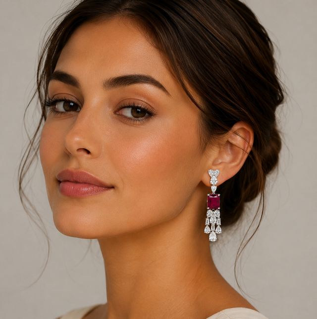 Red Jewel and Cubic Zircon Earrings