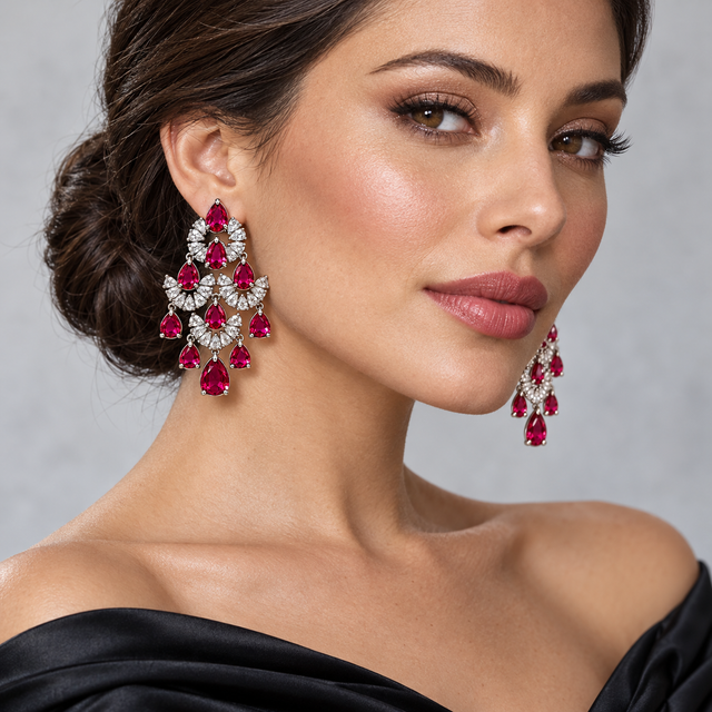 Red and silver drop earrings