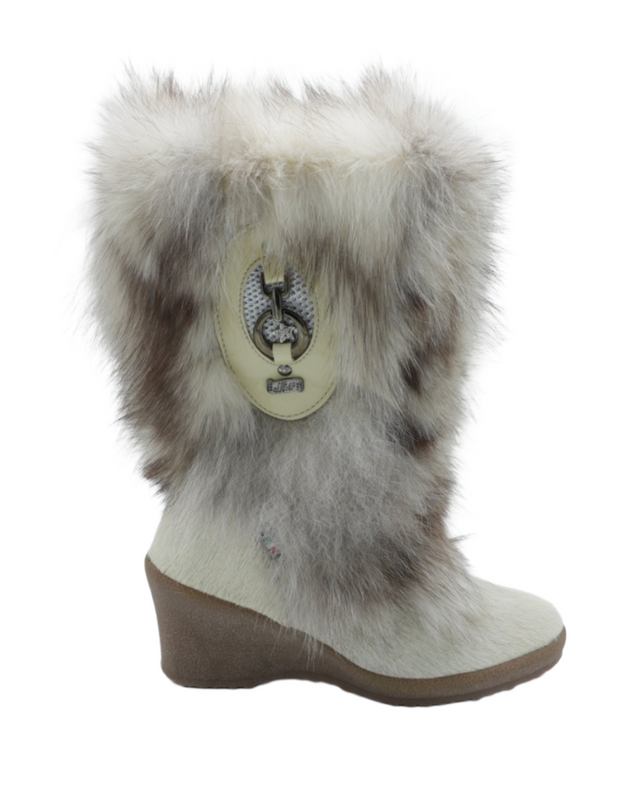White wedge boot with fur trim on a white background