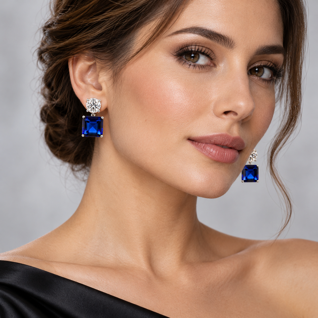 Drop lobe earring with blue square stone