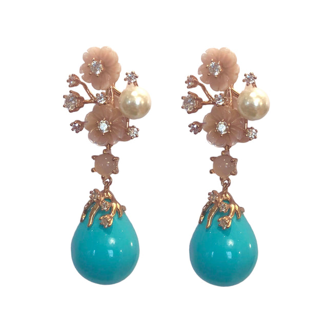Blue Pearl with mother of Pearl flower drop earrings