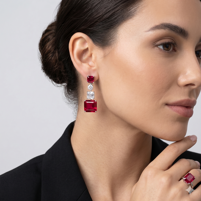 Red Jewel and Cubic Zircon Earrings