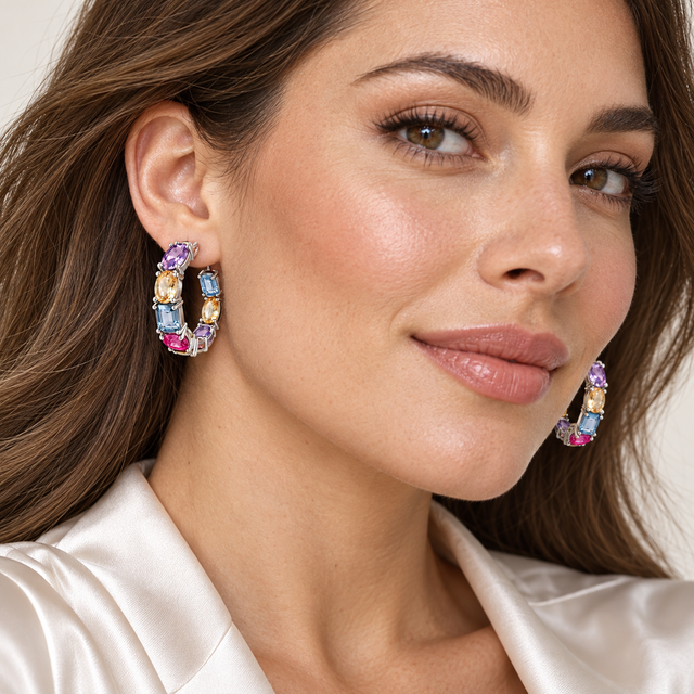 Medium Multicolor Stone Hoop Earrings