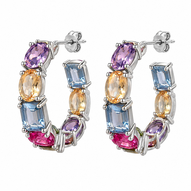 Medium Multicolor Stone Hoop Earrings