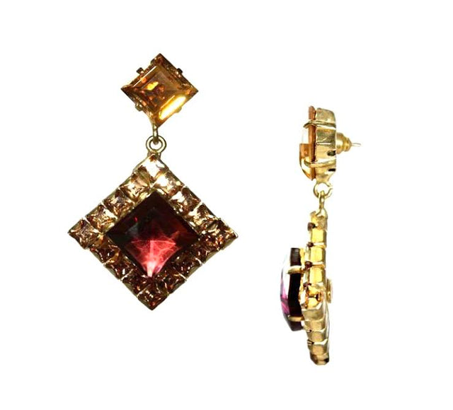 "Rombo" Crystal Earrings in Gold & Cherry