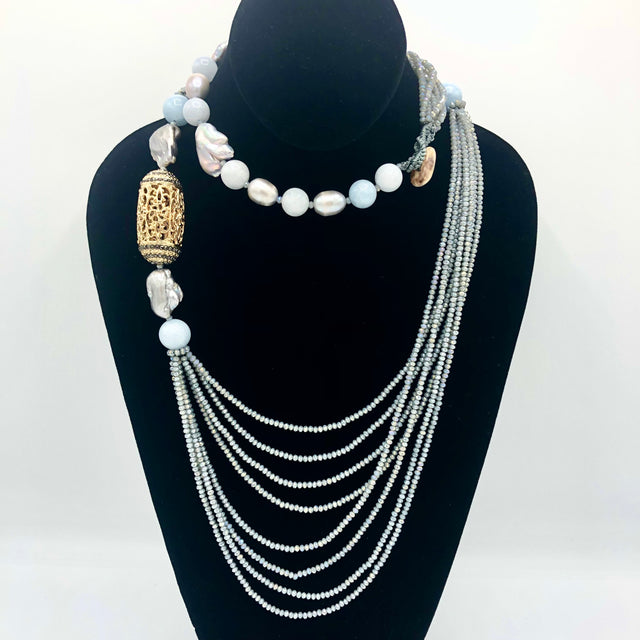 Grey multistrand necklace with agate and pearl details