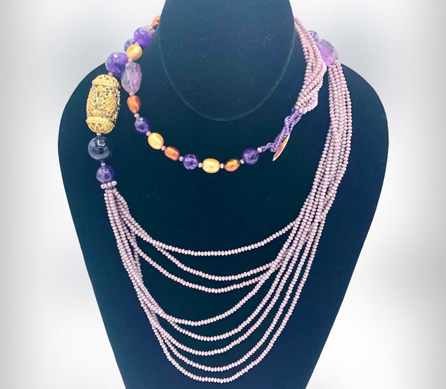 Purple multistrand necklace with amethyst, pearl details