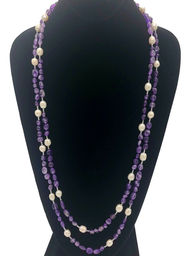 Dark purple agate long necklace with pearls