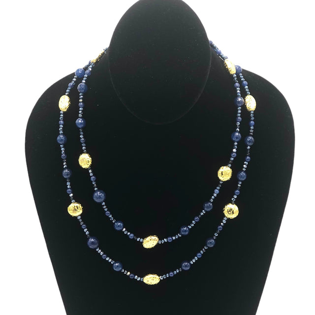 Blue agate long necklace with Swarovski and lava stones
