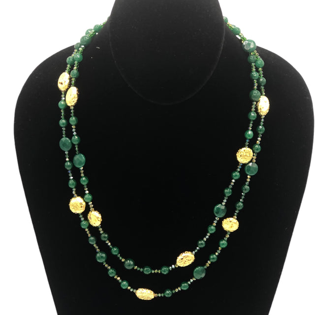 Green agate long necklace with Swarovski and lava stones