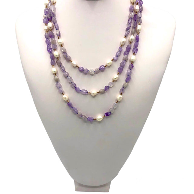 Light purple agate long necklace with pearls