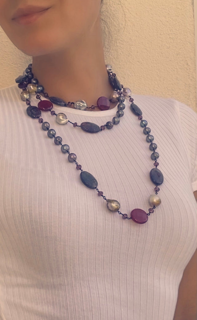 Pearls and Colored Jade Necklace